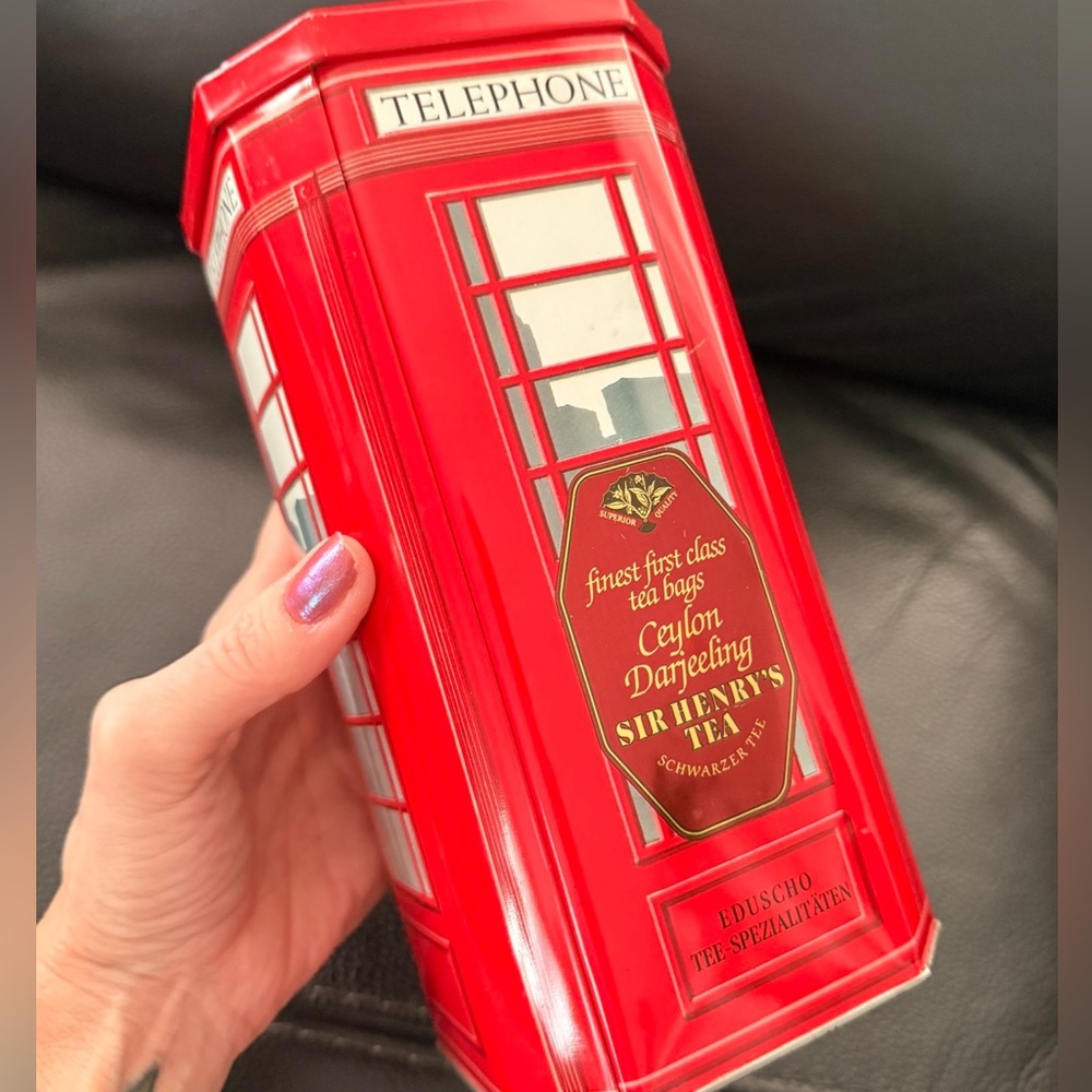 London Phone Box Red Tin Telephone Box Ceylon Darjeeling Vintage, 9”